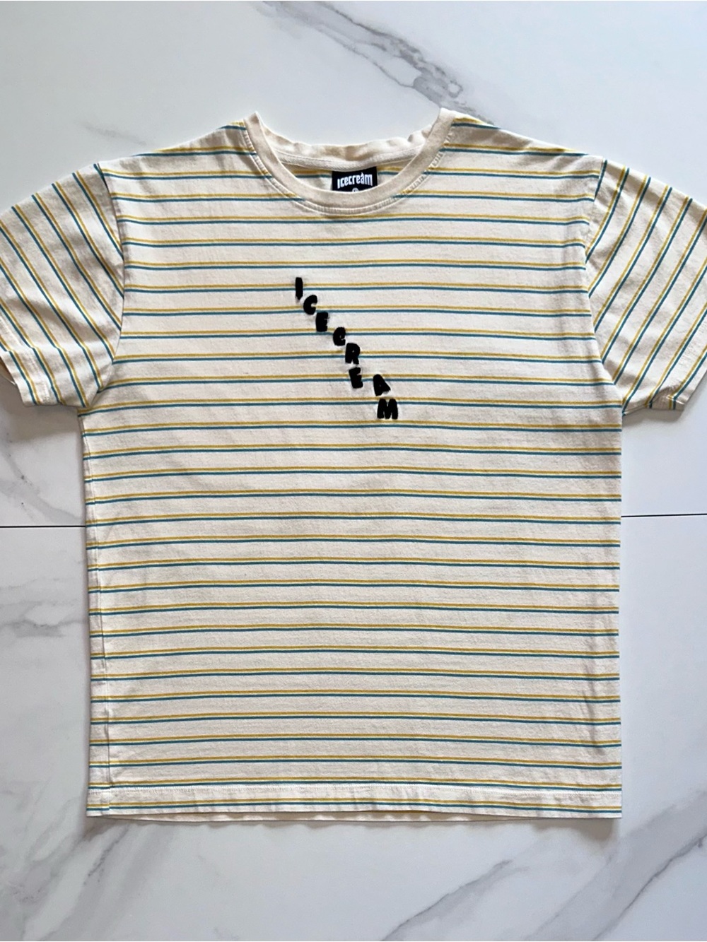 Icecream Striped Embroidered Logo T-Shirt Light Yellow Cream Size Large